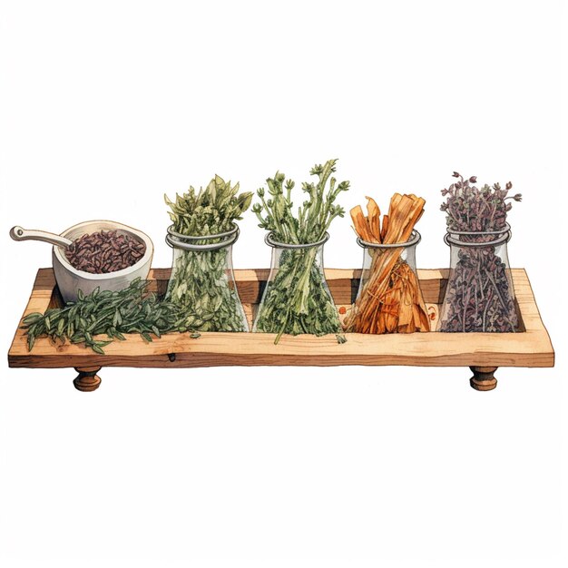 Photo there are a bunch of herbs in small glass containers on a wooden tray generative ai