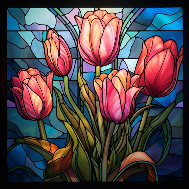 there are a bunch of pink flowers in a vase on a stained glass window generative ai