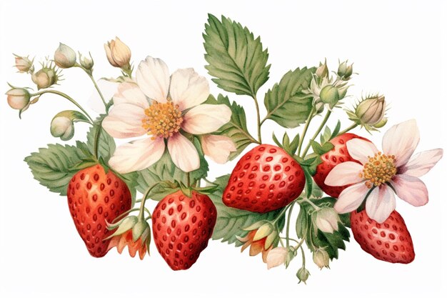 There are a bunch of strawberries and flowers on a branch generative ai