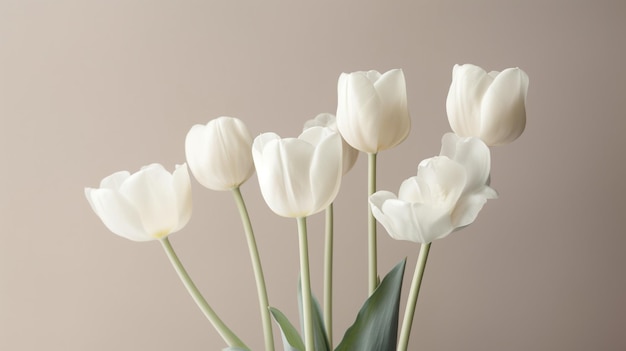 there are a bunch of white tulips in a vase on a table generative ai