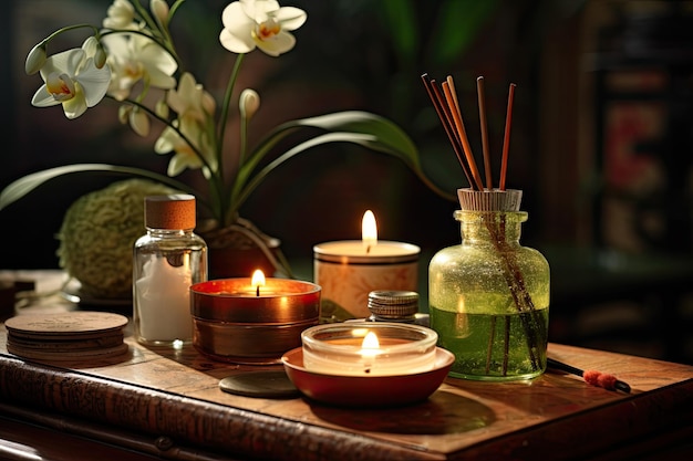 There are candles and a scented reed freshener placed on a table in a spa salon providing room for