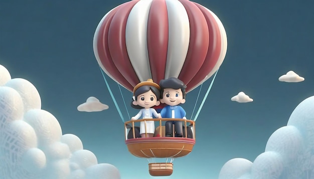 There are couple riding on a hot air balloon in sky