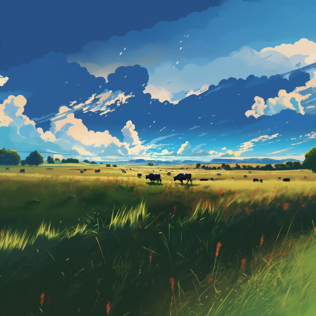 There are cows grazing in a field with a blue sky generative ai