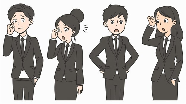 There are different emotions expressed by business people in suits A woman with a curious look her hands open a surprised man and a man touching his back hair Handdrawn illustration