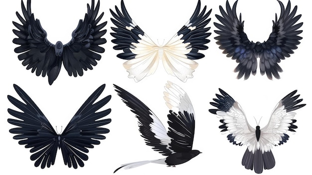 There are different wings of a fairy butterfly bird angel Modern cartoon set of wings of magic and fantasy characters and animals isolated on white