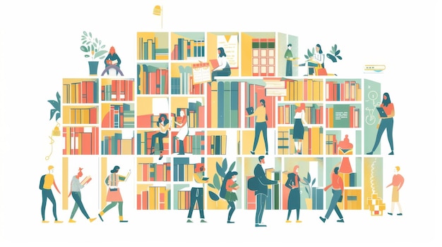 There are a few people walking around and reading in a library with a large book built as a building This is a flat design style minimal modern illustration