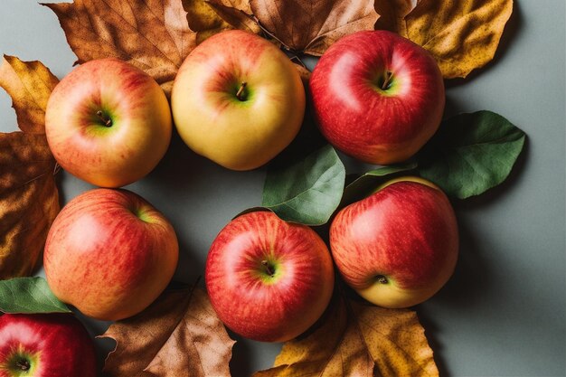 there are five apples and two leaves arranged in a circle