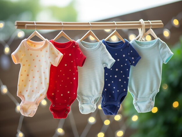 there are five baby ones hanging on a clothes line with lights in the background generative ai