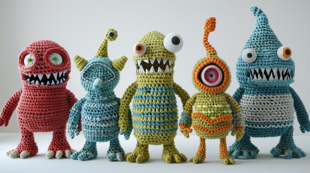 there are five crocheted toy monsters standing in a row generative ai