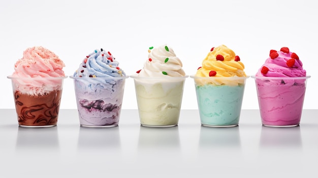 다섯 가지 다른 색의 아이스크림이 컵에 뿌려져 있습니다.