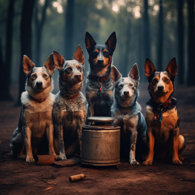 森の中の金属の鍋の隣に5匹の犬が座っている