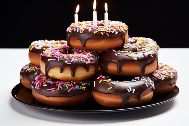 There are five donuts with chocolate frosting and sprinkles on a plate generative ai