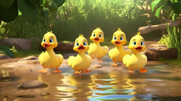 Photo there are five ducks that are standing in the water generative ai