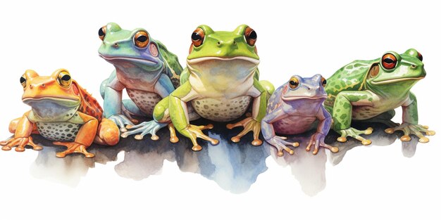 다섯 마리의 개구리가 함께 절벽 위에 앉아 있습니다.