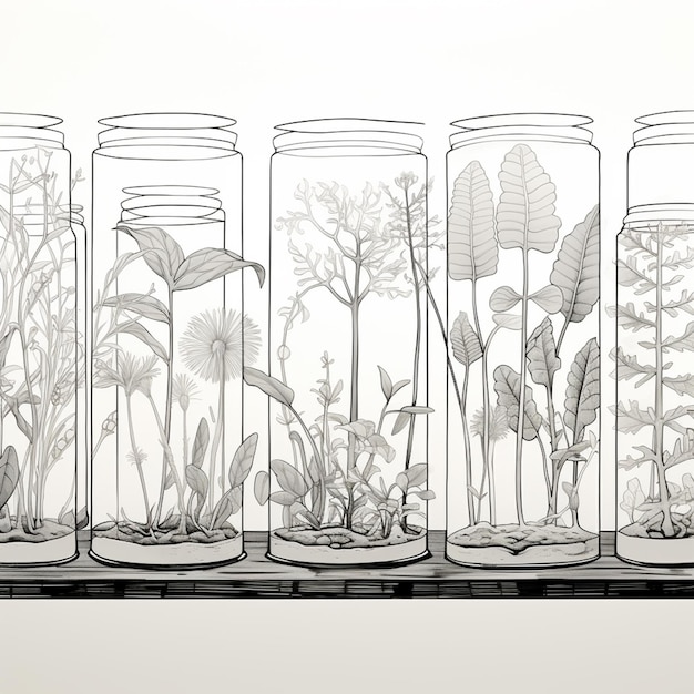 Photo there are five glass jars with plants in them on a shelf generative ai