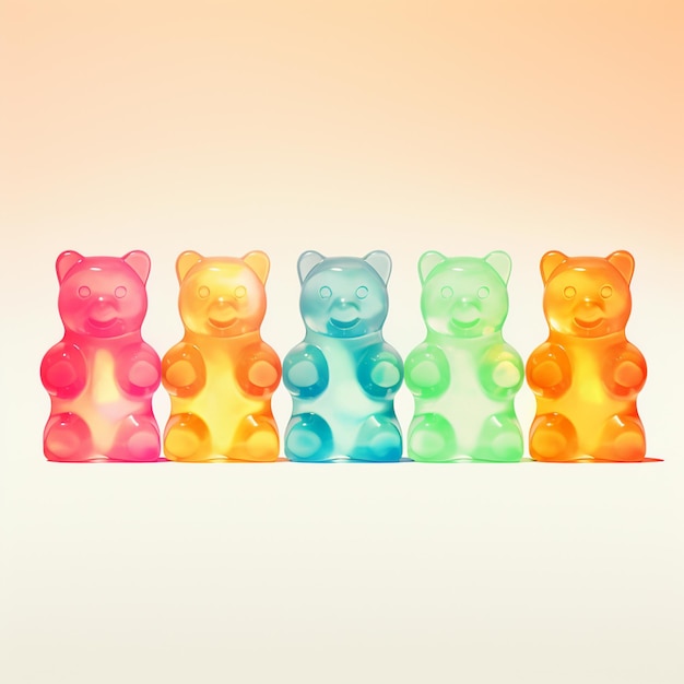 there are five gummy bears sitting in a row on a white surface generative ai