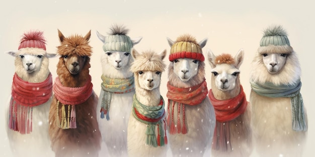 There are five llamas wearing hats and scarves in a row generative ai