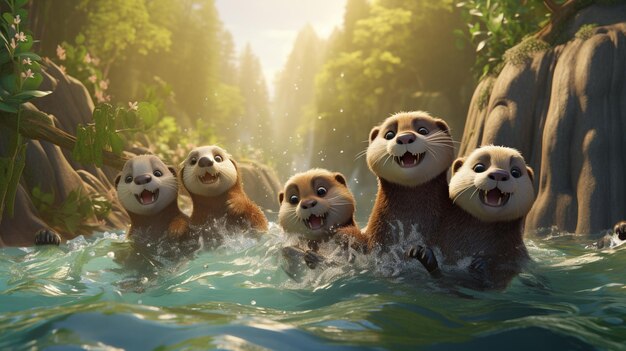there are five otters in the water with their mouths open generative ai