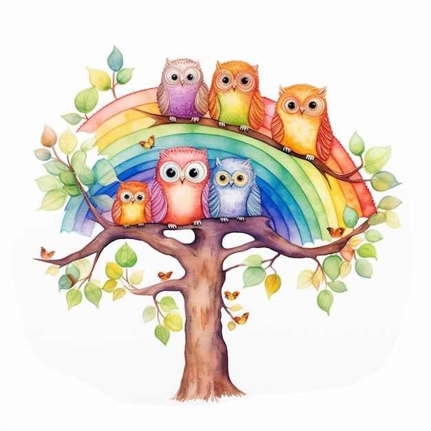there are five owls sitting on a tree with a rainbow in the background generative ai