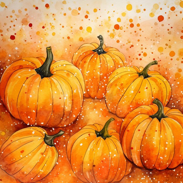 There are five pumpkins sitting on a table with a lot of dots generative ai