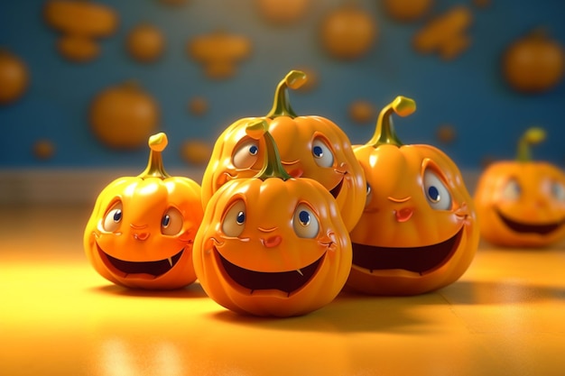 There are five pumpkins with faces on them sitting on a table generative ai