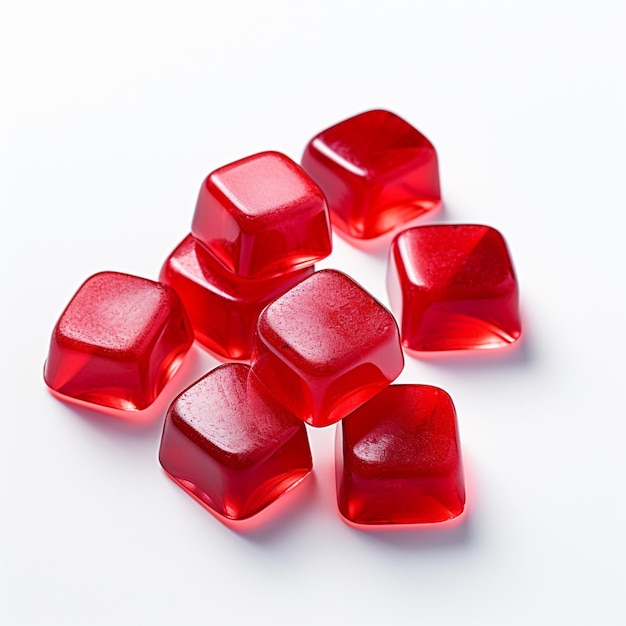 there are five red gummy cubes on a white surface generative ai