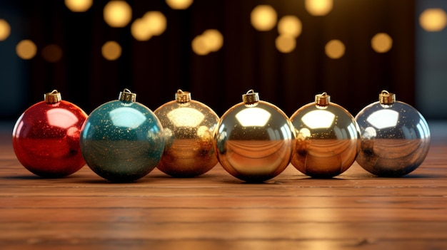 there are five shiny christmas ornaments lined up on a wooden table generative ai