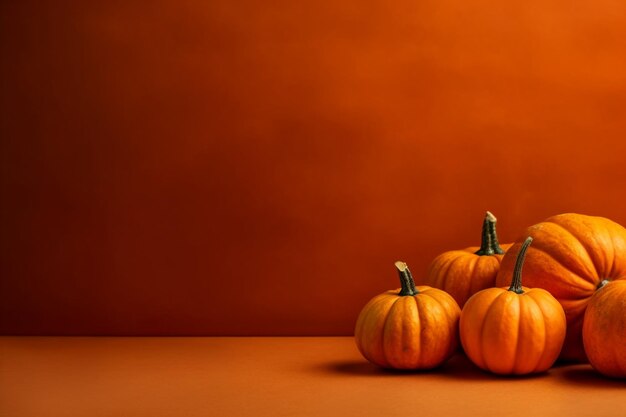 There are five small pumpkins sitting on a table with a orange background generative ai