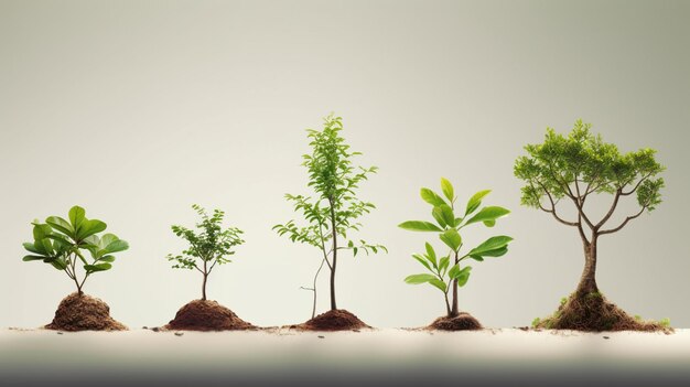 Foto ci sono cinque piccoli alberi che crescono fuori dal terreno generativo ai