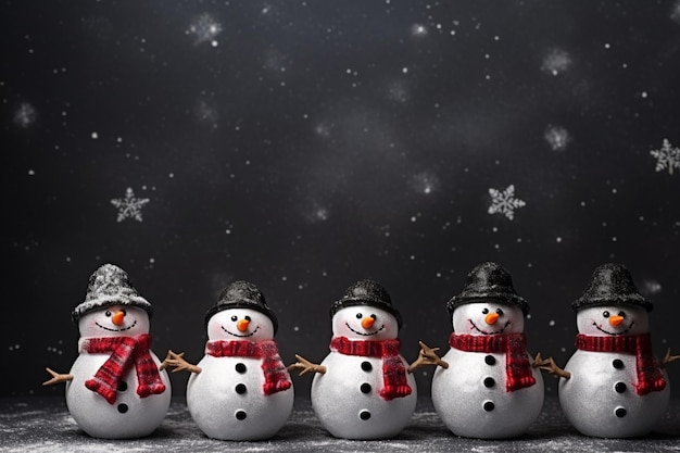 there are five snowmen that are standing in a row generative ai