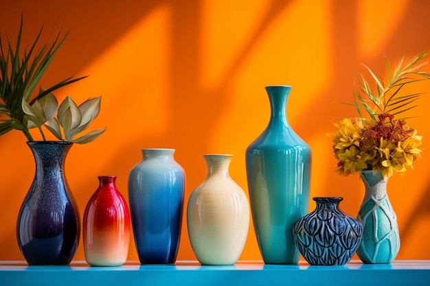 There are five vases sitting on a shelf with different colors generative ai