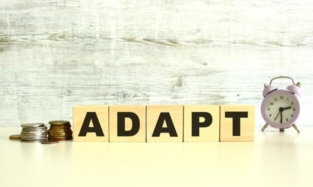 There are five wooden cubes with letters on the table next to the coins. ADAPT word. On a gray background.