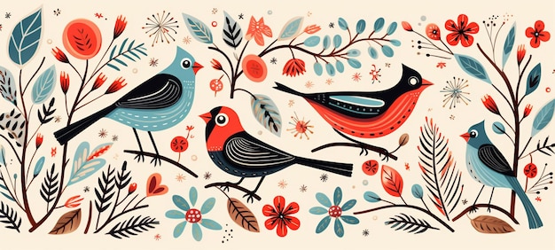 there are four birds sitting on a branch in the middle of a floral pattern generative ai