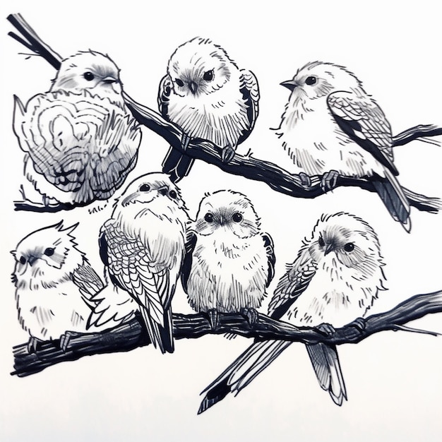 Photo there are four birds sitting on a branch together on a white background generative ai