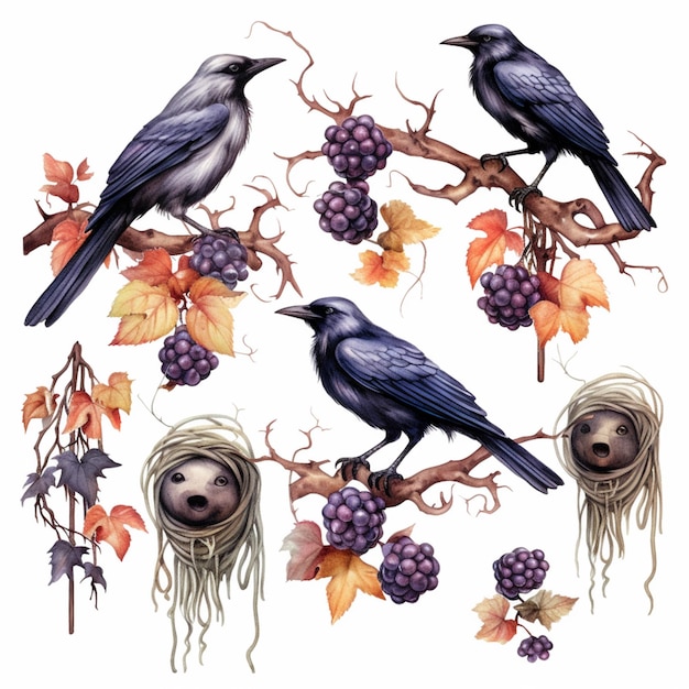 there are four birds sitting on a branch with grapes and leaves generative ai