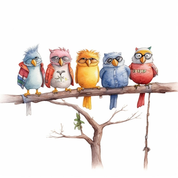 there are four birds sitting on a branch with a white background generative ai