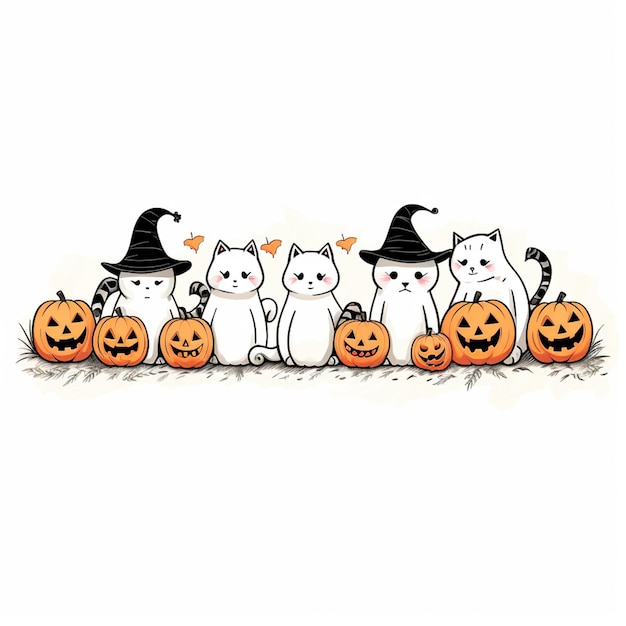 there are four cats sitting on pumpkins with a witch hat generative ai