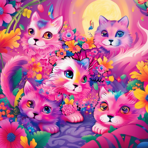 there are four cats that are sitting in the flowers generative ai