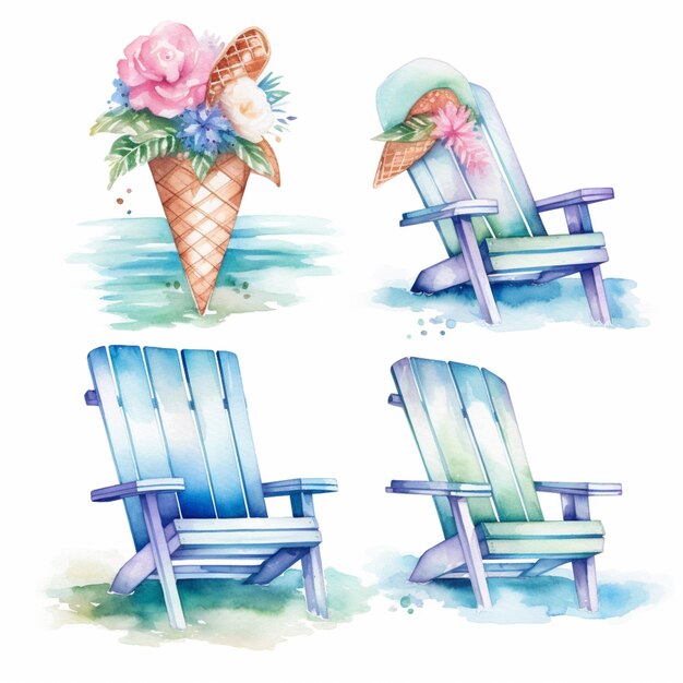 Photo there are four chairs with flowers in them and a ice cream cone generative ai