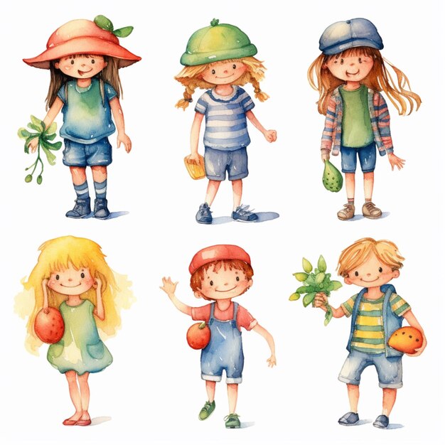 Photo there are four children with hats and holding vegetables generative ai