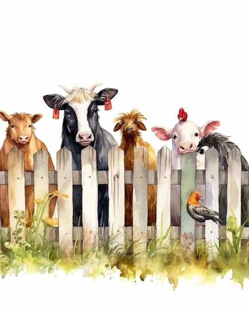 Photo there are four cows standing behind a fence with a rooster generative ai