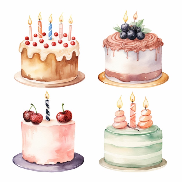 There are four different cakes with candles on them on a plate generative ai