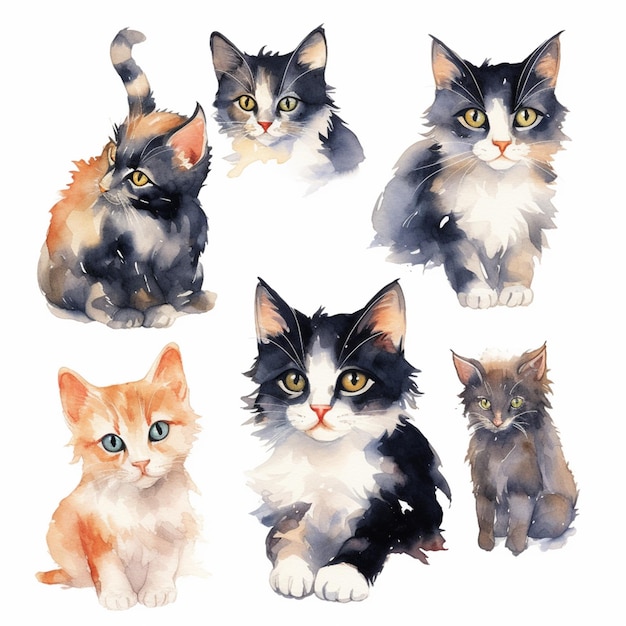 There are four different colored cats sitting together on a white surface generative ai