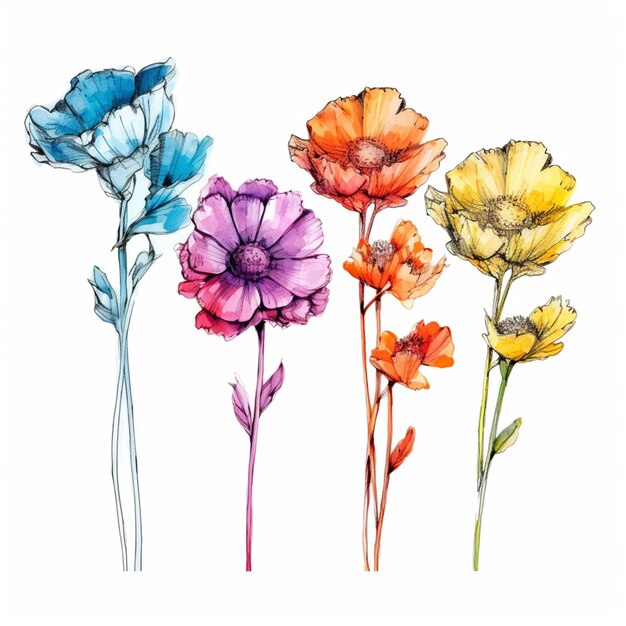 there are four different colored flowers on a white background generative ai