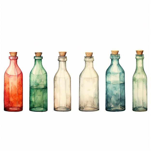 Photo there are four different colored glass bottles lined up in a row generative ai