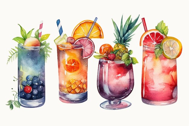 there are four different drinks in different glasses with fruit and berries generative ai