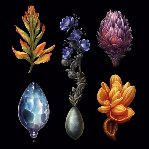 Photo there are four different flowers and a crystal on a black background generative ai