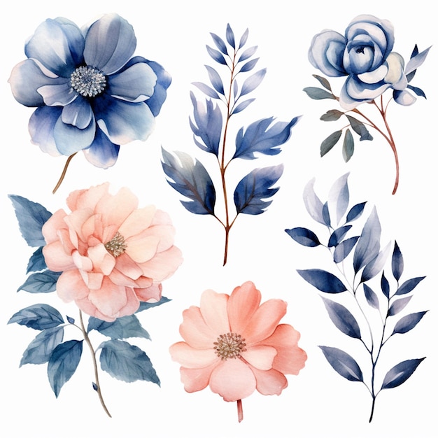 There are four different flowers and leaves on a white background generative ai