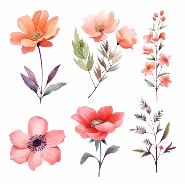 Photo there are four different flowers that are painted on a white background generative ai