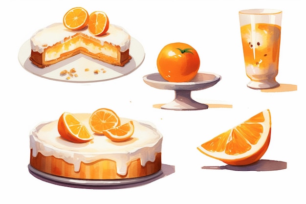 Photo there are four different illustrations of a cake with orange slices generative ai